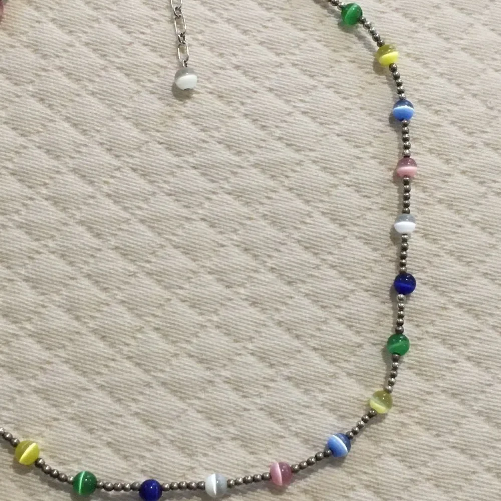 VTG Sterling Silver Multicolor Cats Eye Station Beaded Choker Necklace Extension